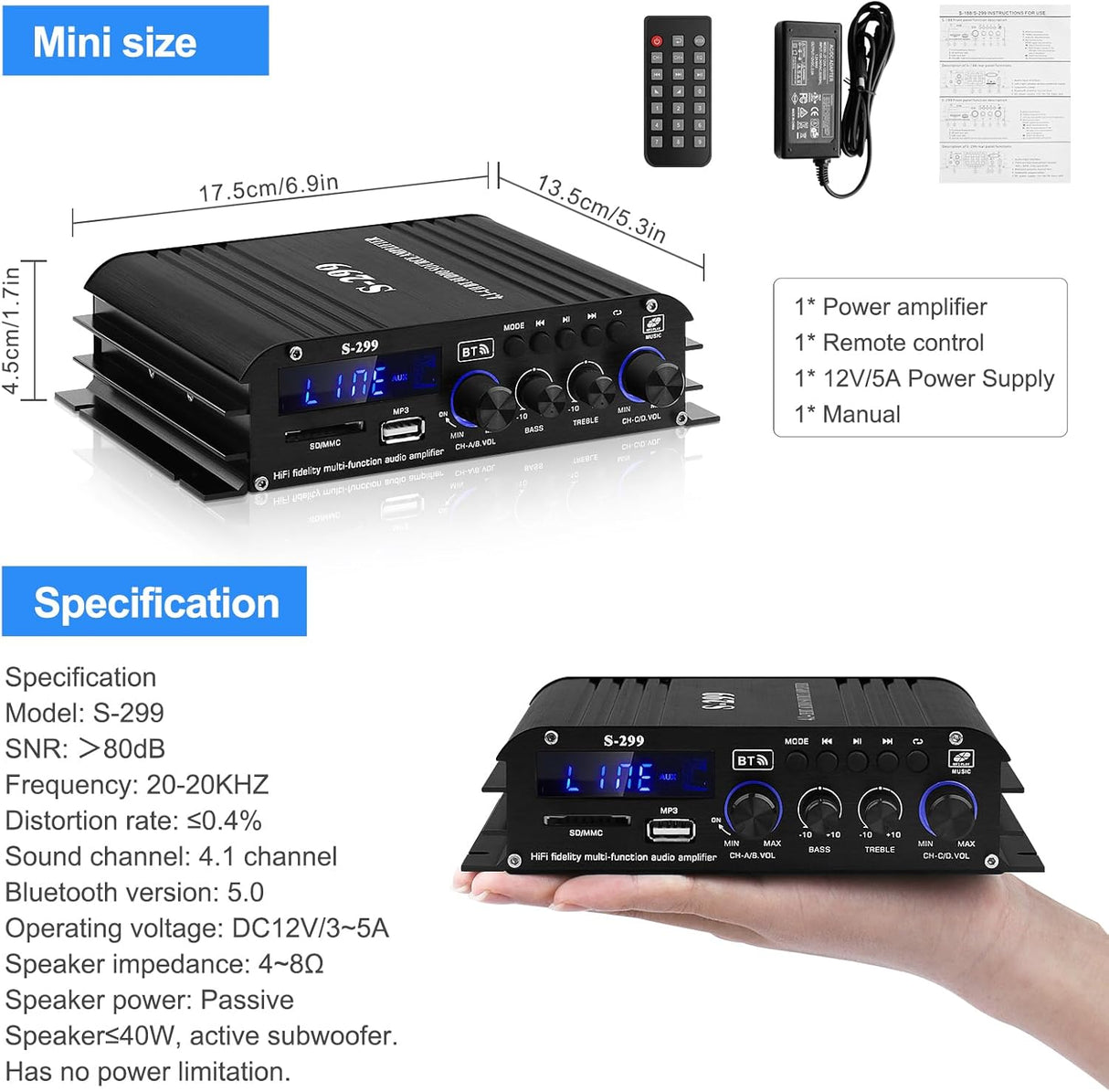 Amplificador de Audio Bluetooth 5.0 4.1 Canal S-299