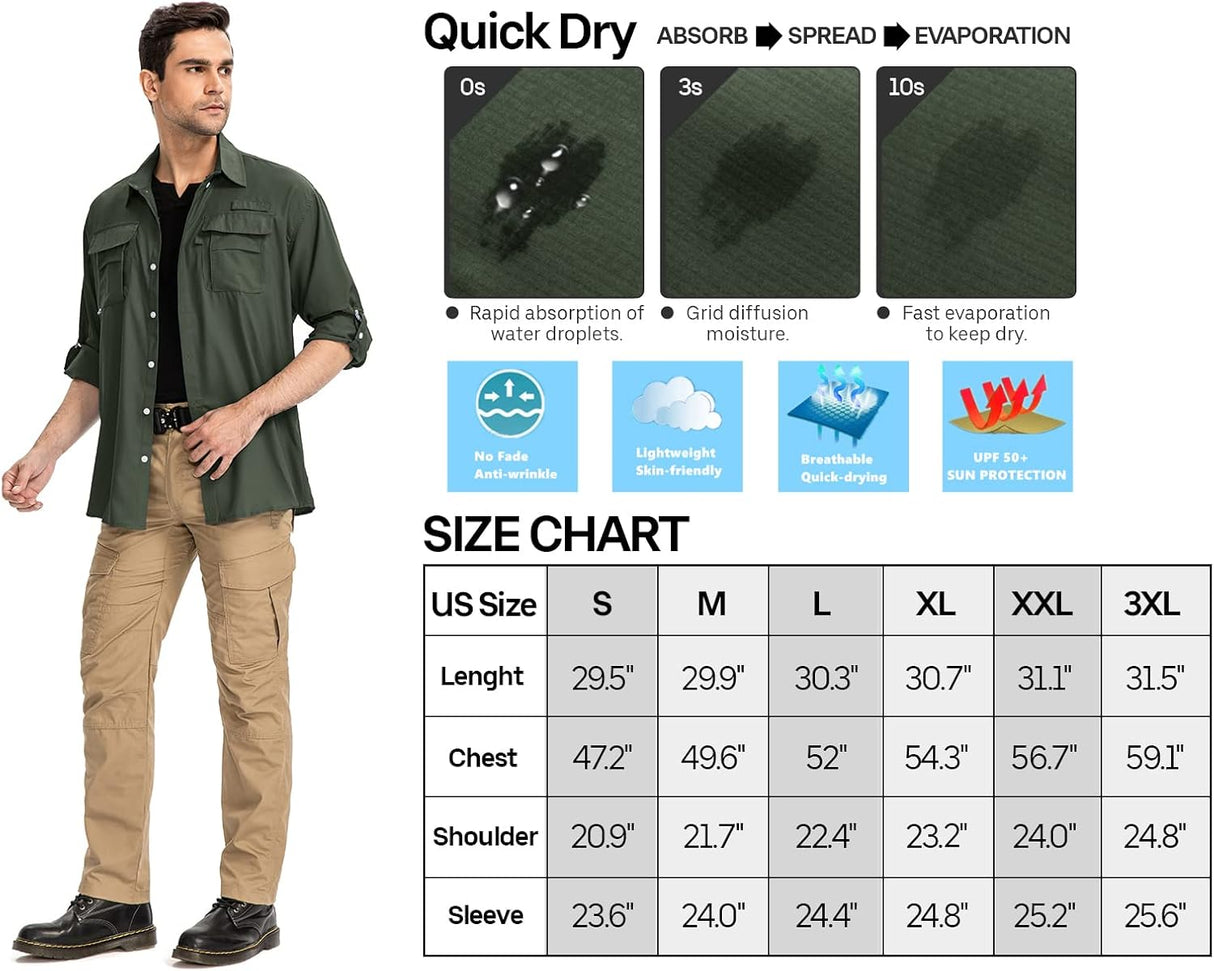 Anteef Camisas de safari para hombre manga larga
