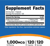 Suplemento Nutricost Folato de metilo 1000mcg, 120 cápsulas
