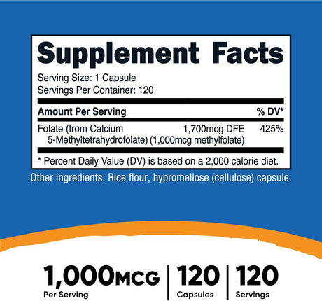 Suplemento Nutricost Folato de metilo 1000mcg, 120 cápsulas