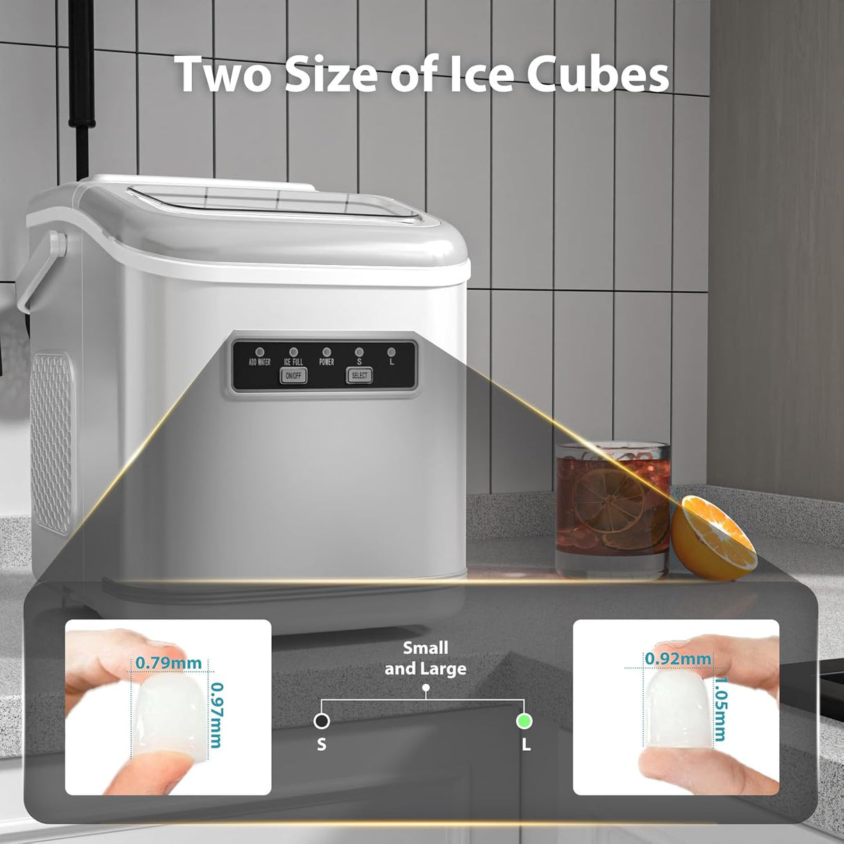Máquina de Hielo Portátil Compacta, 9 Cubos en 6 Min, 26lbs/24Hrs
