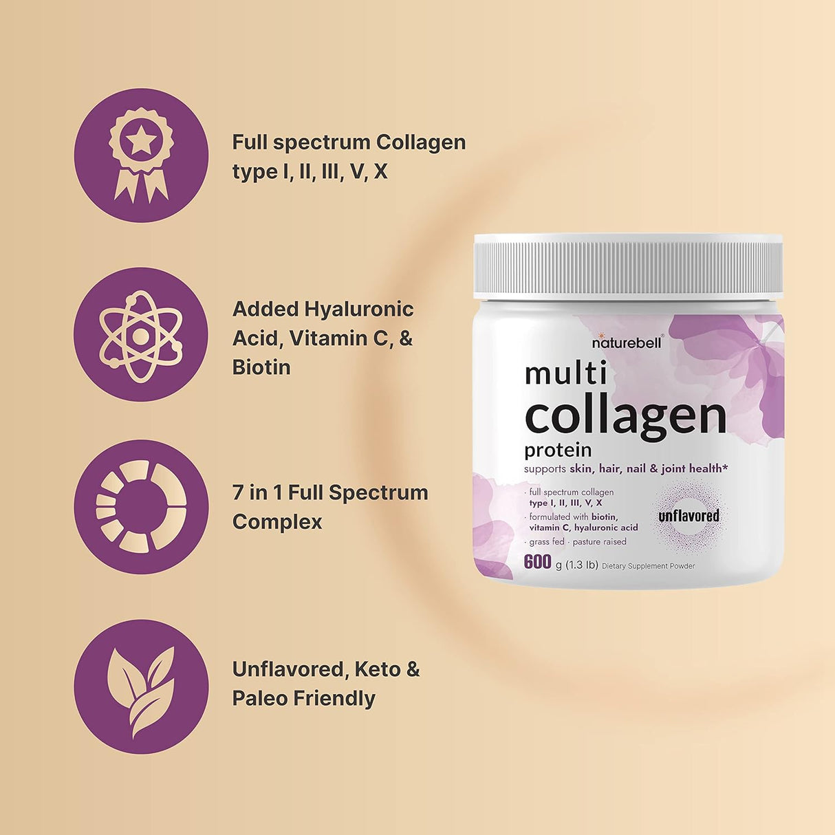 Proteína en polvo de colágeno múltiple de 21.16 oz