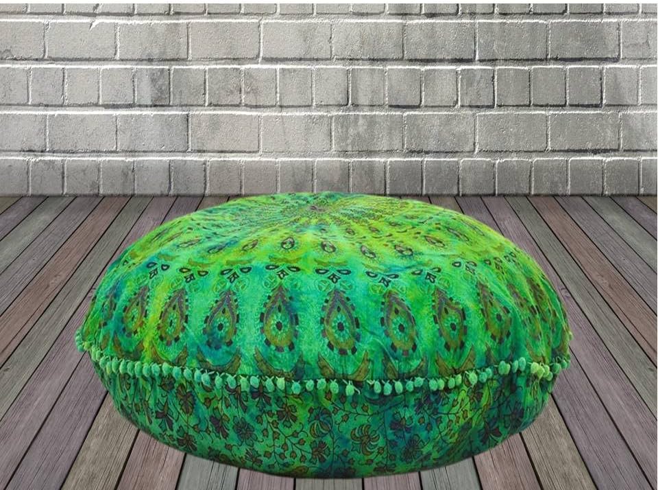 Funda bohemia para cojín, de 32 pulgadas, con diseño de mandala, para meditación, decorativa, otomana, grande, para exteriores, decoración del hogar, decoración de arte en el hogar, redonda, con pompones de algodón, cómoda