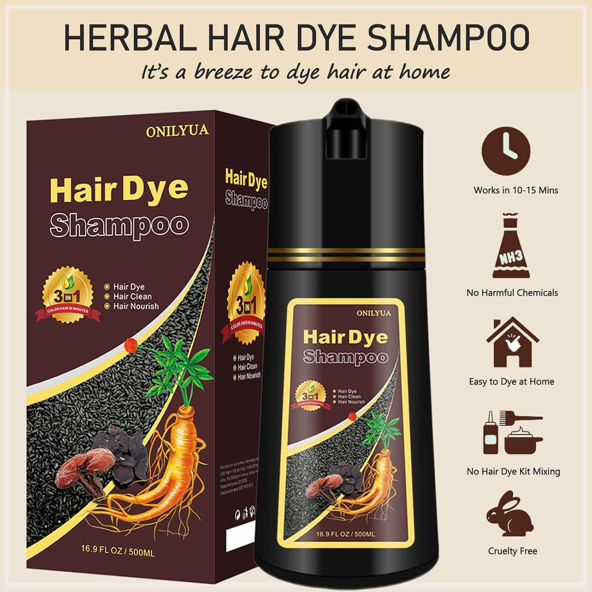 Champú de tinte para el cabello morado 3 en 1