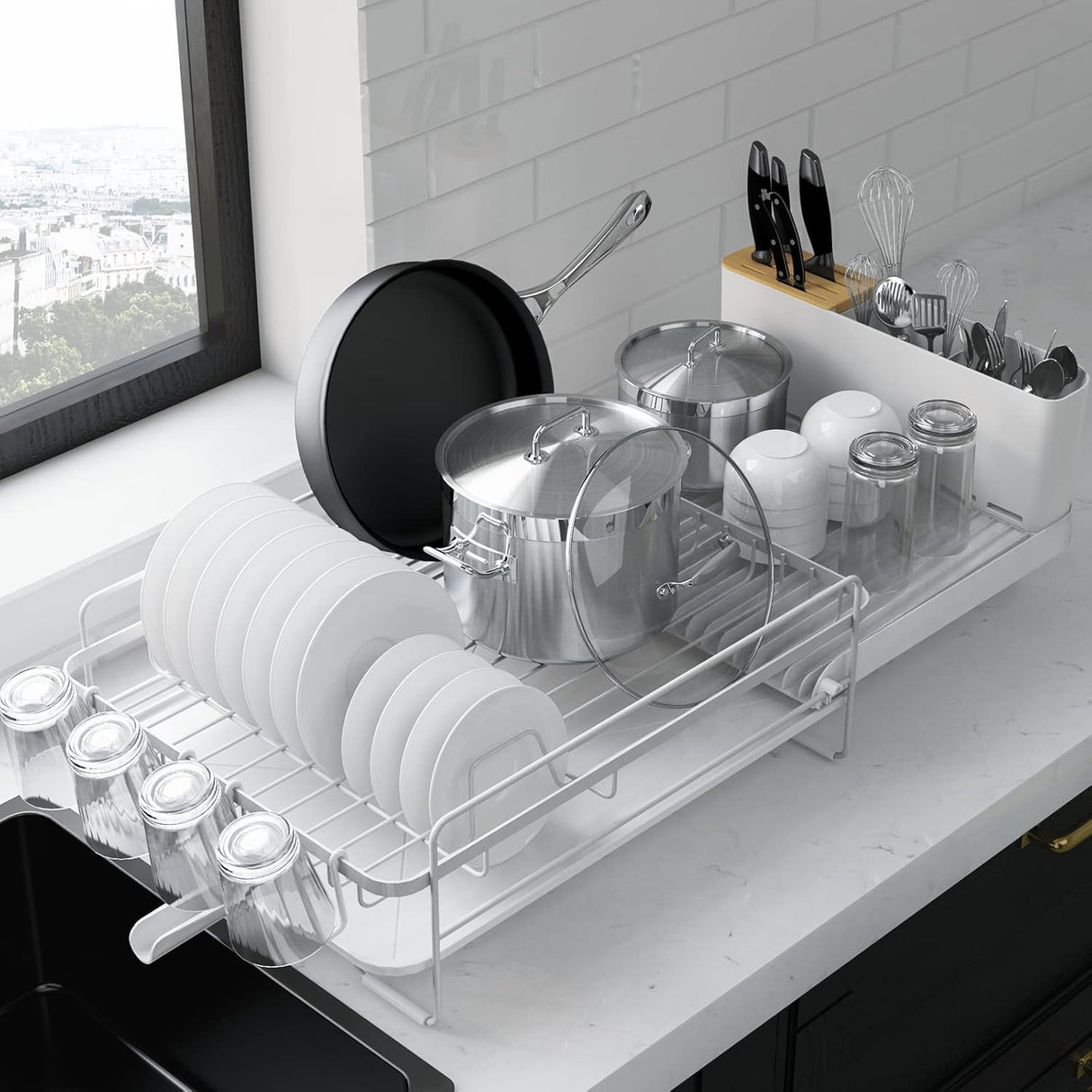 Escurridor grande extensible multifuncional para platos y cubiertos