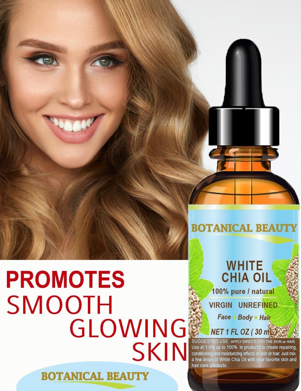 Aceite de Chía Blanca Virgen Puro Natural para Cara, Piel, Cabello