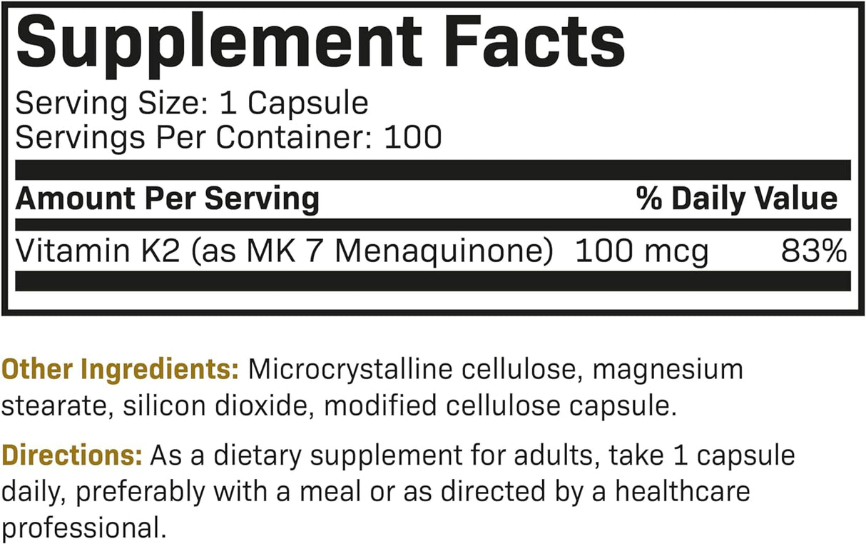 Vitamina K2 MK-7 100 mcg, apoyo cardiovascular y óseo
