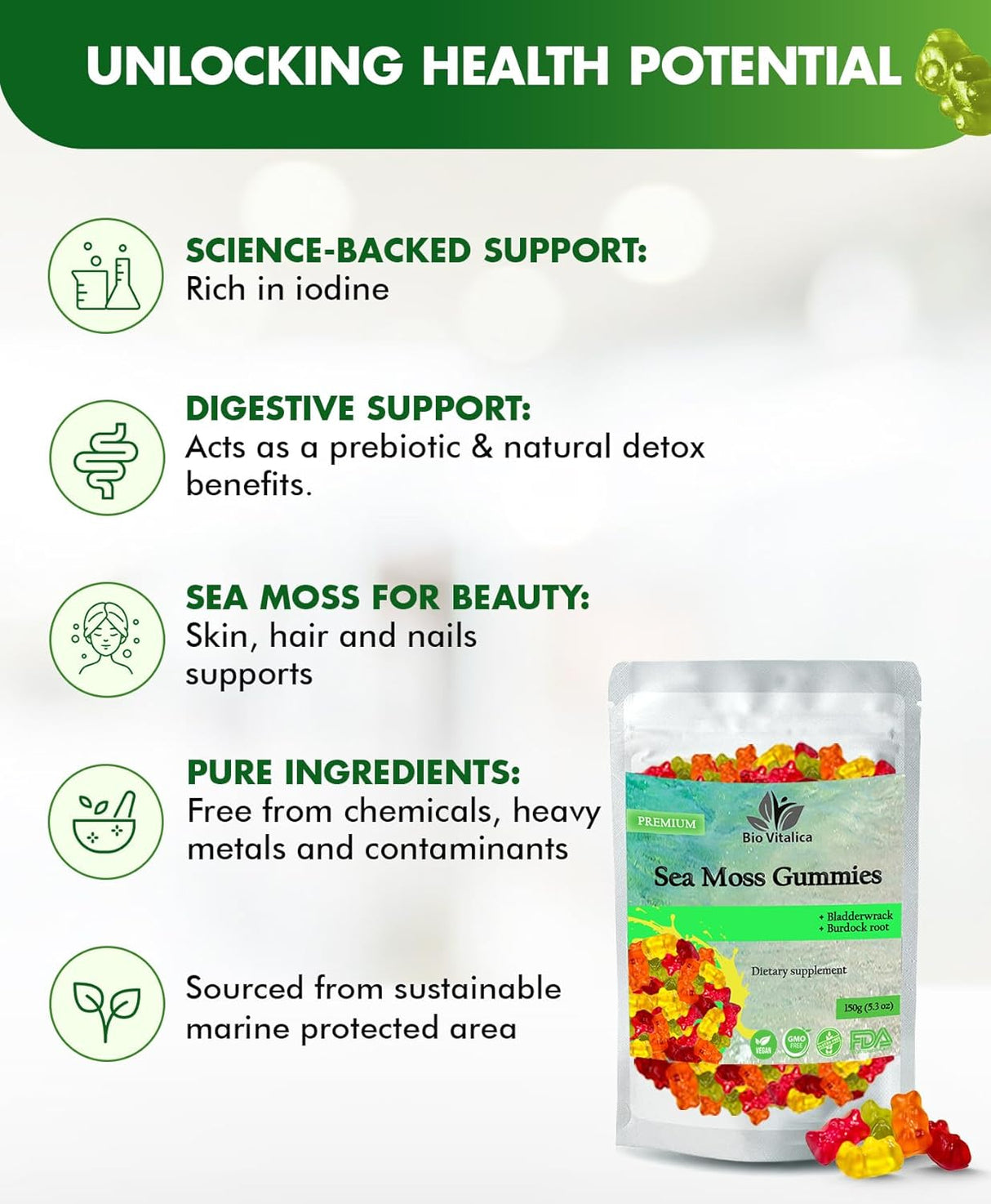 Bio Vitalica Gummies de Musgo Marino, Orgánico, Inmunidad (1)