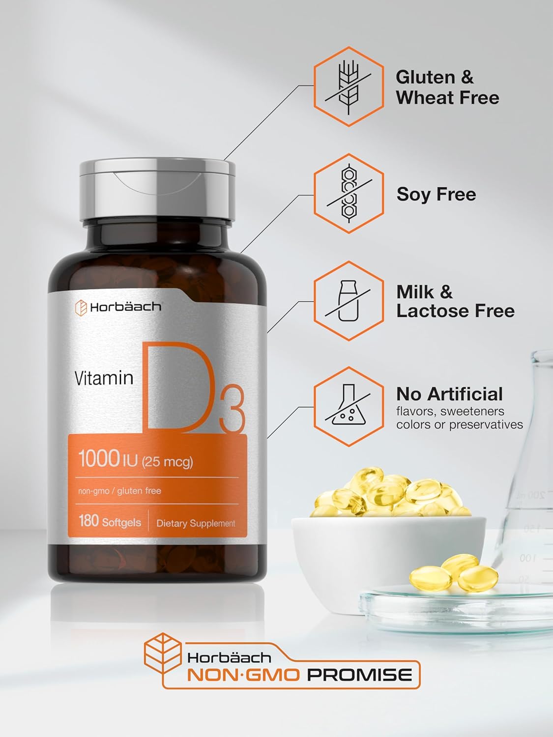 Horbäach Vitamina D3 1000IU Cápsulas 180 Non-GMO Gluten Free