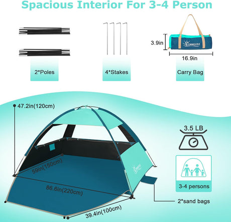 Tienda de playa con protección solar UPF 50+, fácil de usar