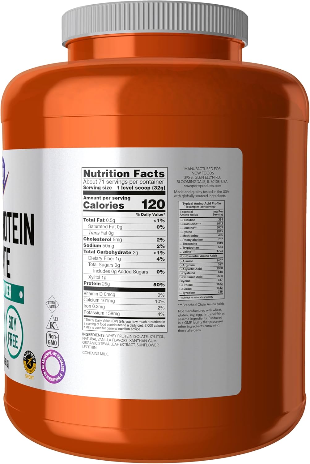 Suplemento de proteína whey isolate de NOW Foods, 25 g con BCAAs, 5 lb