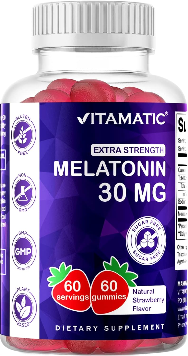 Vitamatic Melatonina sin azúcar, 30 mg por gomita, 60 porciones, 60 gomitas vegetarianas, suplemento que no forma hábito