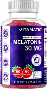 Vitamatic Melatonina sin azúcar, 30 mg por gomita, 60 porciones, 60 gomitas vegetarianas, suplemento que no forma hábito