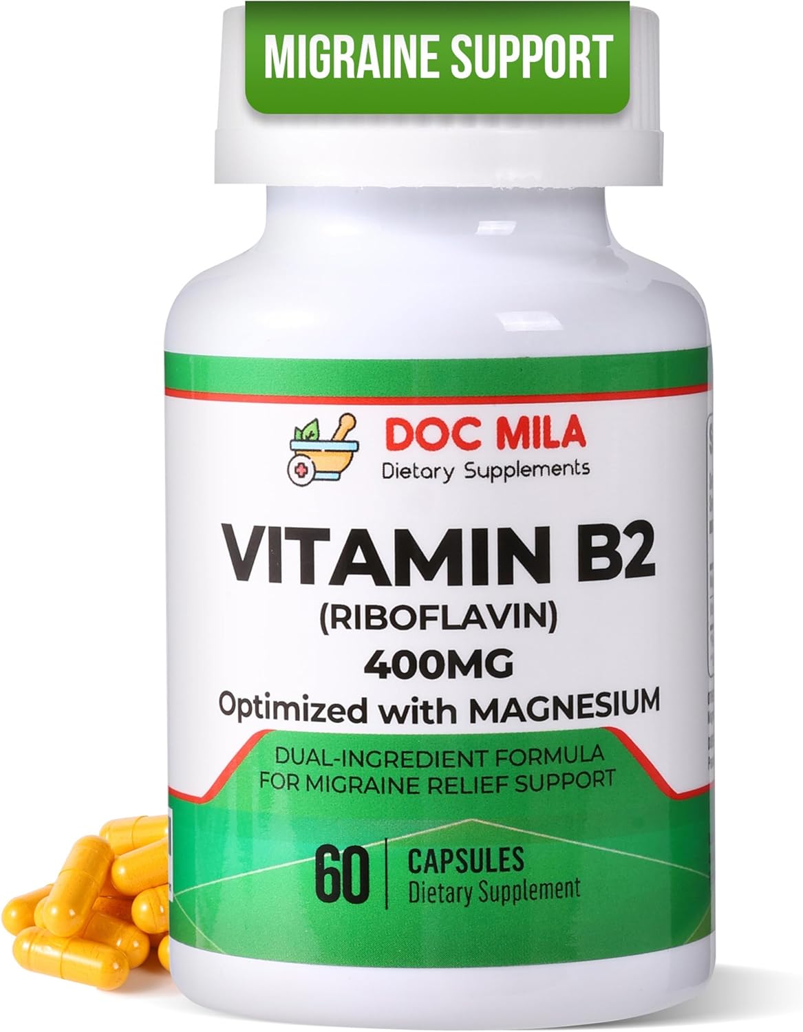Suplemento de B2 Riboflavina 400mg – Alivio de migrañas, 60 cápsulas
