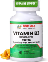 Suplemento de B2 Riboflavina 400mg – Alivio de migrañas, 60 cápsulas