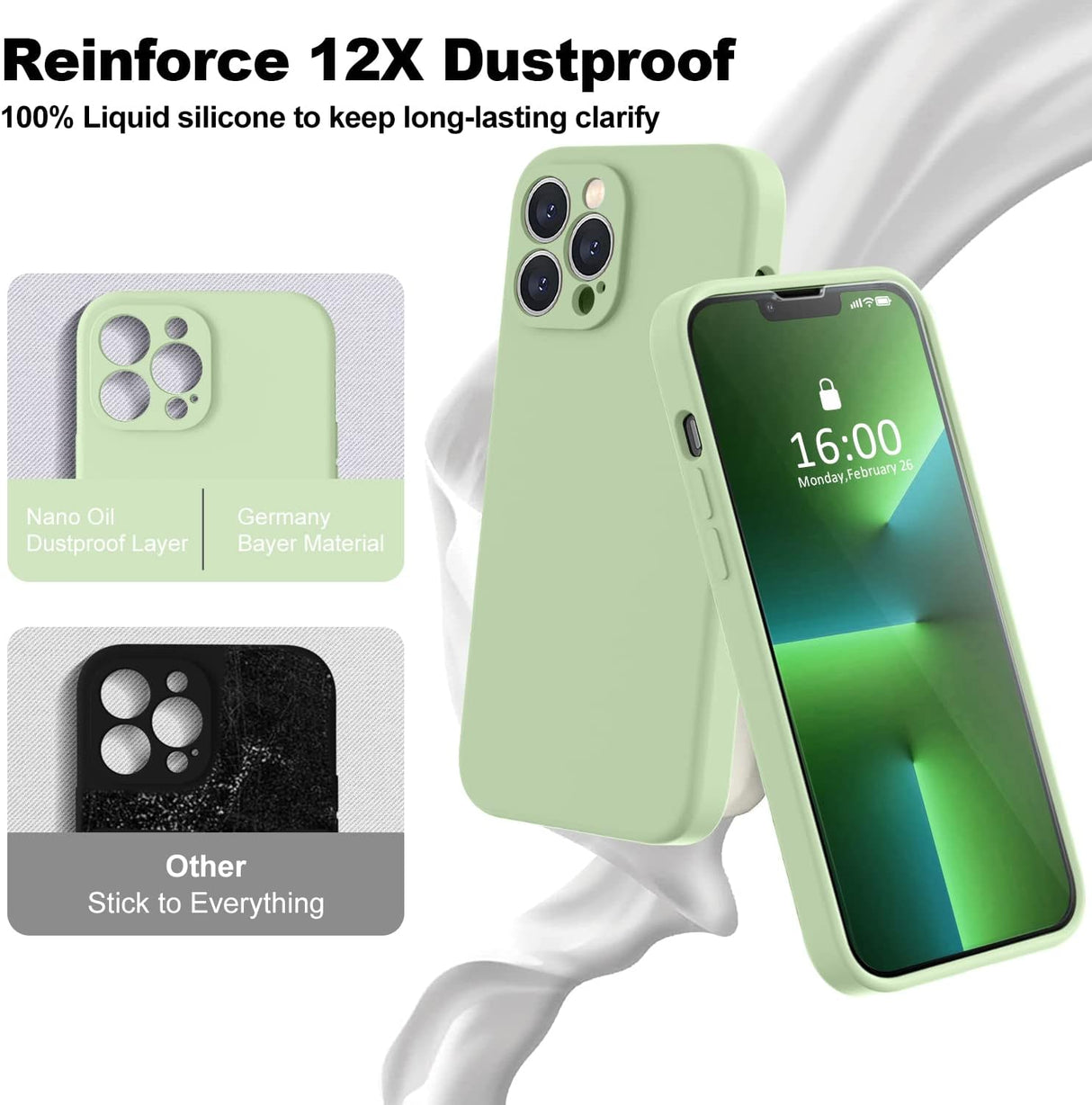BossKiss Funda compatible con iPhone 13 Pro Max, funda de silicona líquida de alta calidad [tacto aterciopelado] [2 protectores de pantalla de vidrio templado 9H], funda de kit de protección completa a prueba de golpes, color matcha