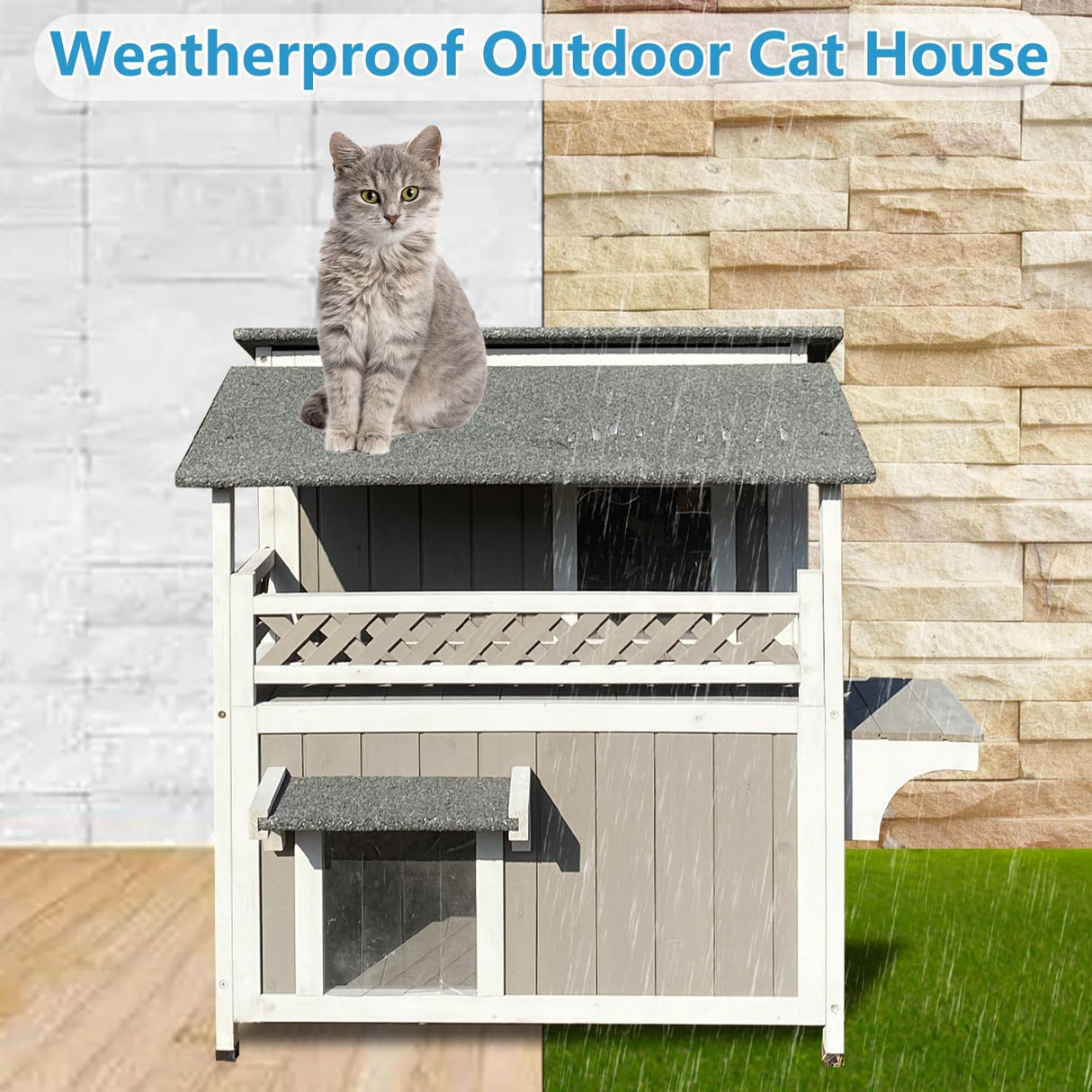Casa de Gato Feral - Madera Resistente al Agua, Dos Pisos, Balcón