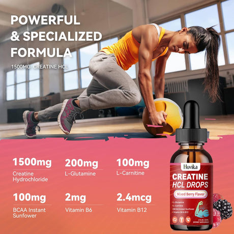 Creatine HCL Liquid Drops for Men &amp; Women, Creatine Hydrochloride with L-Carnitine, L-Glutamine, BCAA, Vitamin B12 &amp; B6 for Muscle Growth &amp; Recovery-Vegan, Mixed Berry Flavor Flavor, 2 Fl Oz
