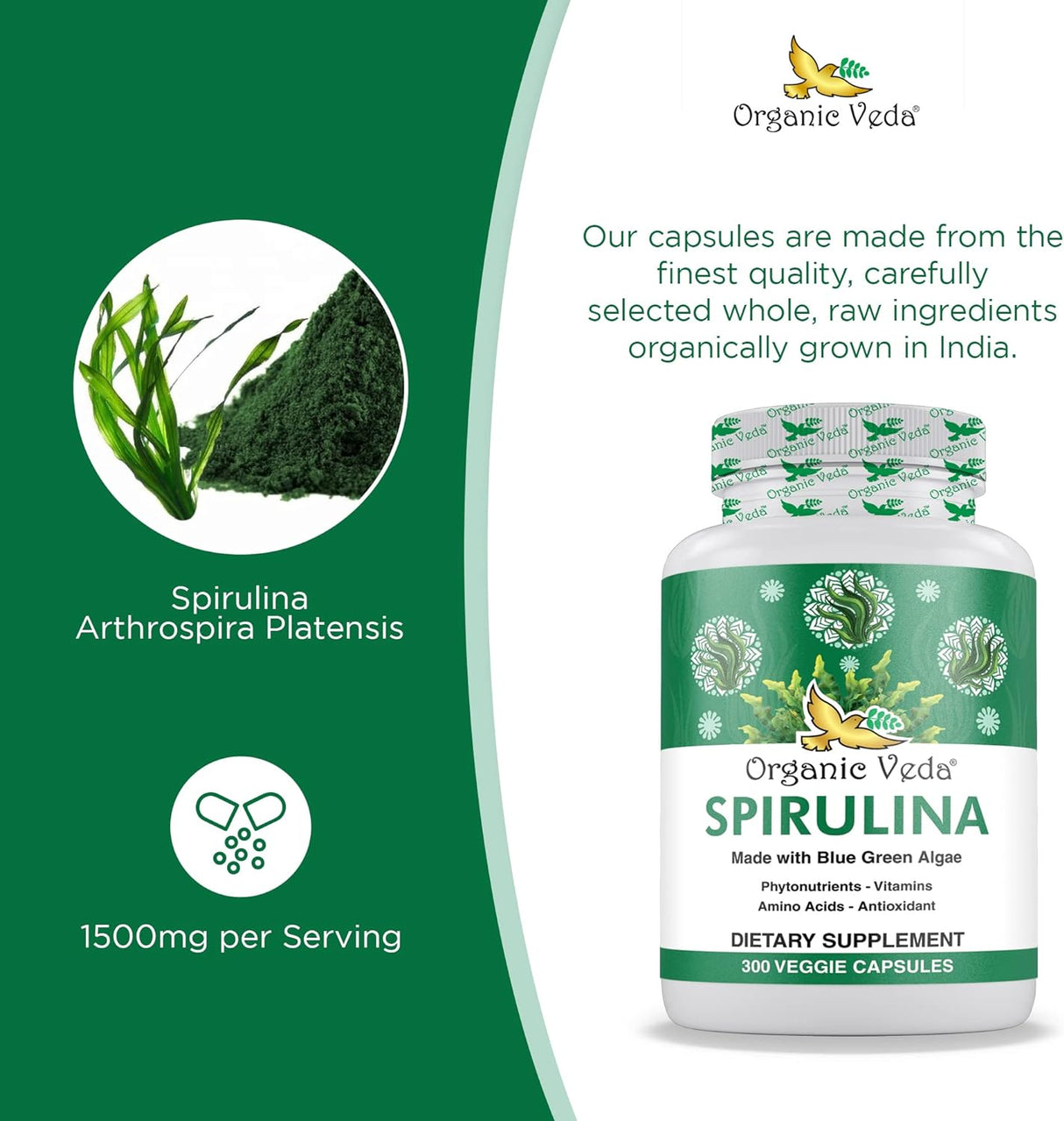 Cápsulas de Spirulina Orgánica 1500 mg  Suplemento Vegano