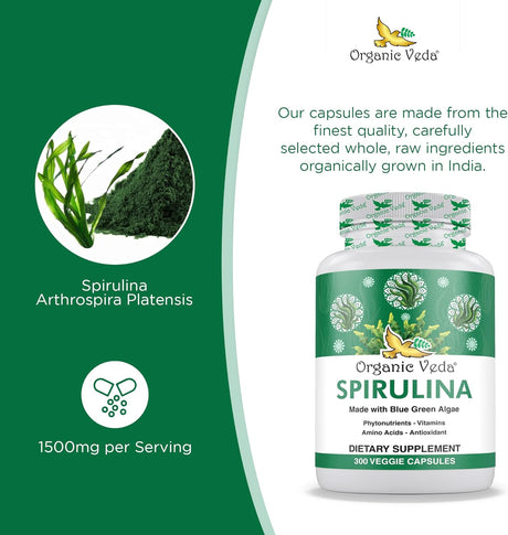 Cápsulas de Spirulina Orgánica 1500 mg  Suplemento Vegano