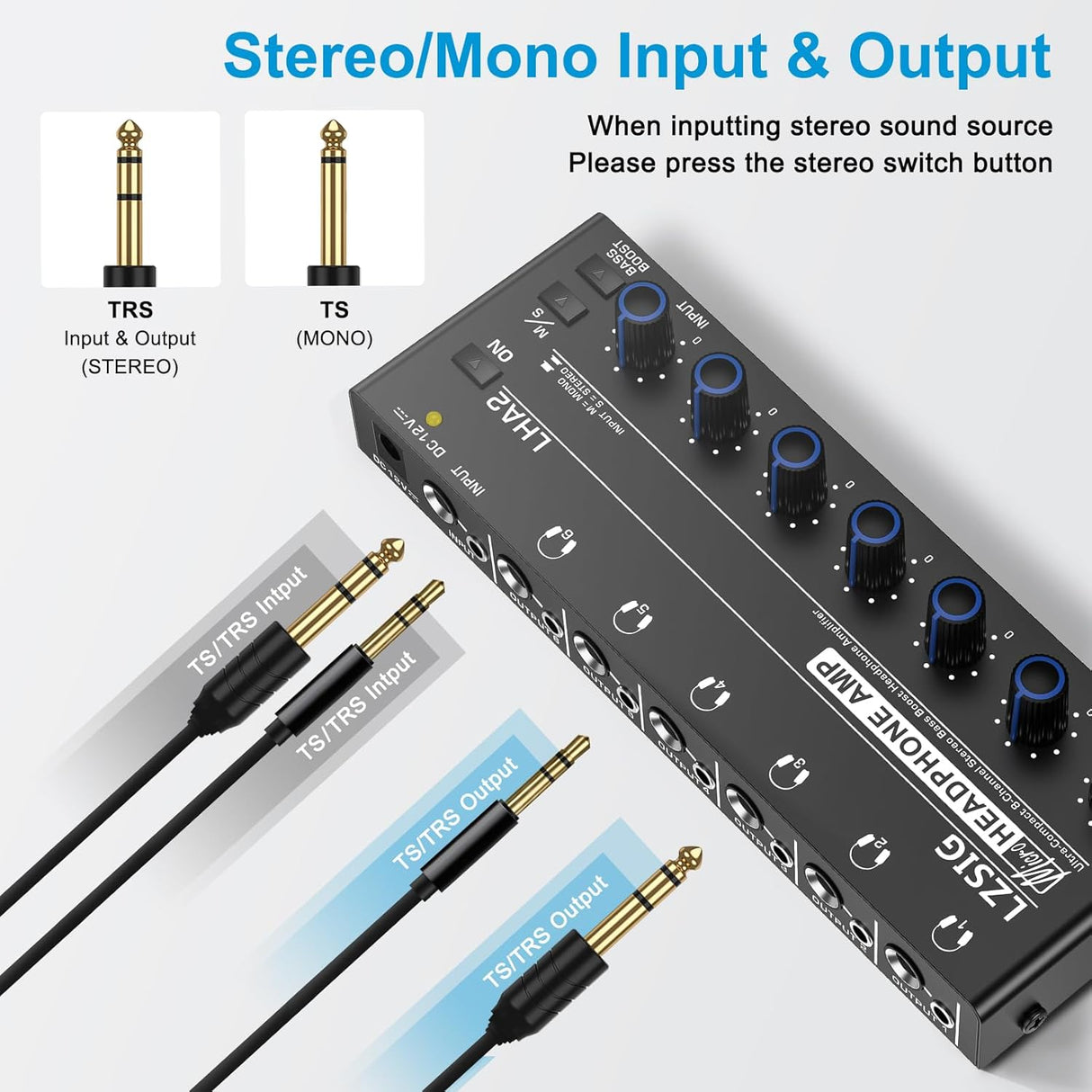 Amplificador de auriculares estéreo 6 canales con potenciador de graves