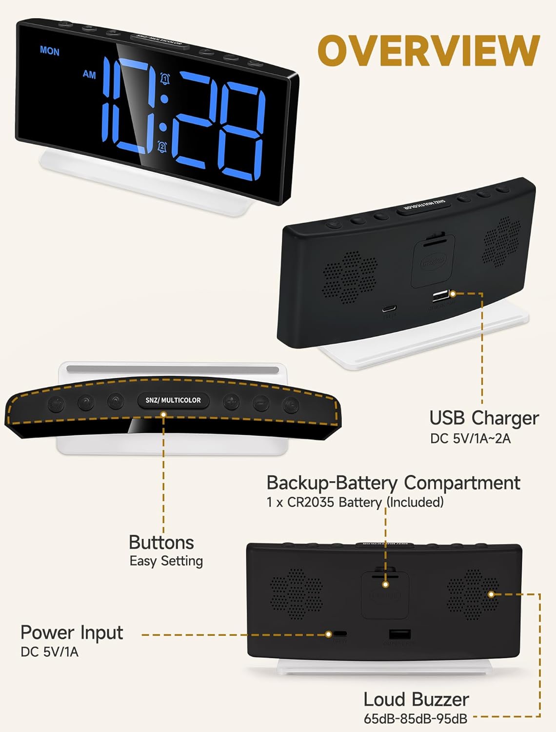 Reloj Despertador Extra Fuerte con Luz Nocturna y Pantalla Grande
