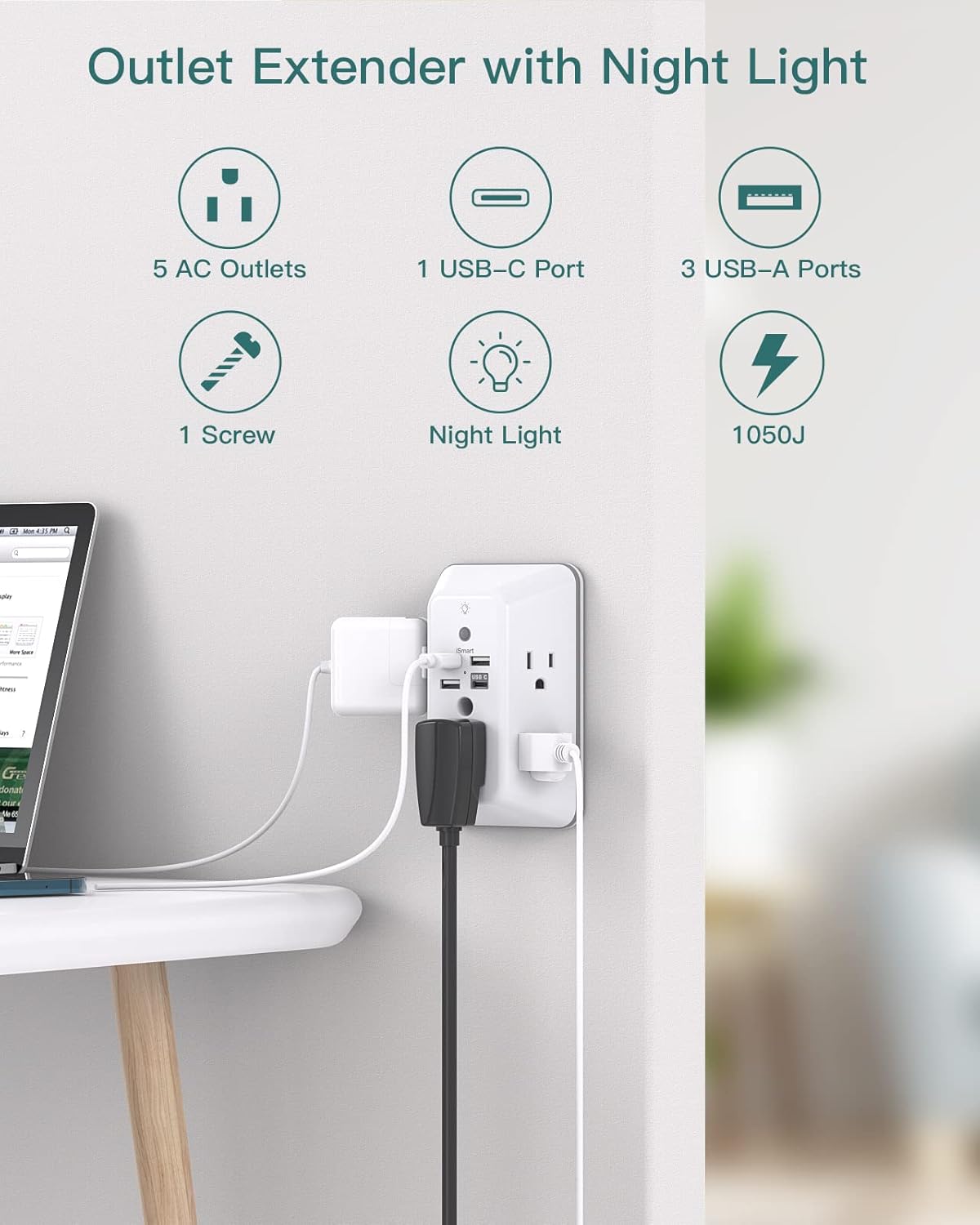 Protector de Sobretensión con USB Addtam 5 Tomas y Luz Nocturna