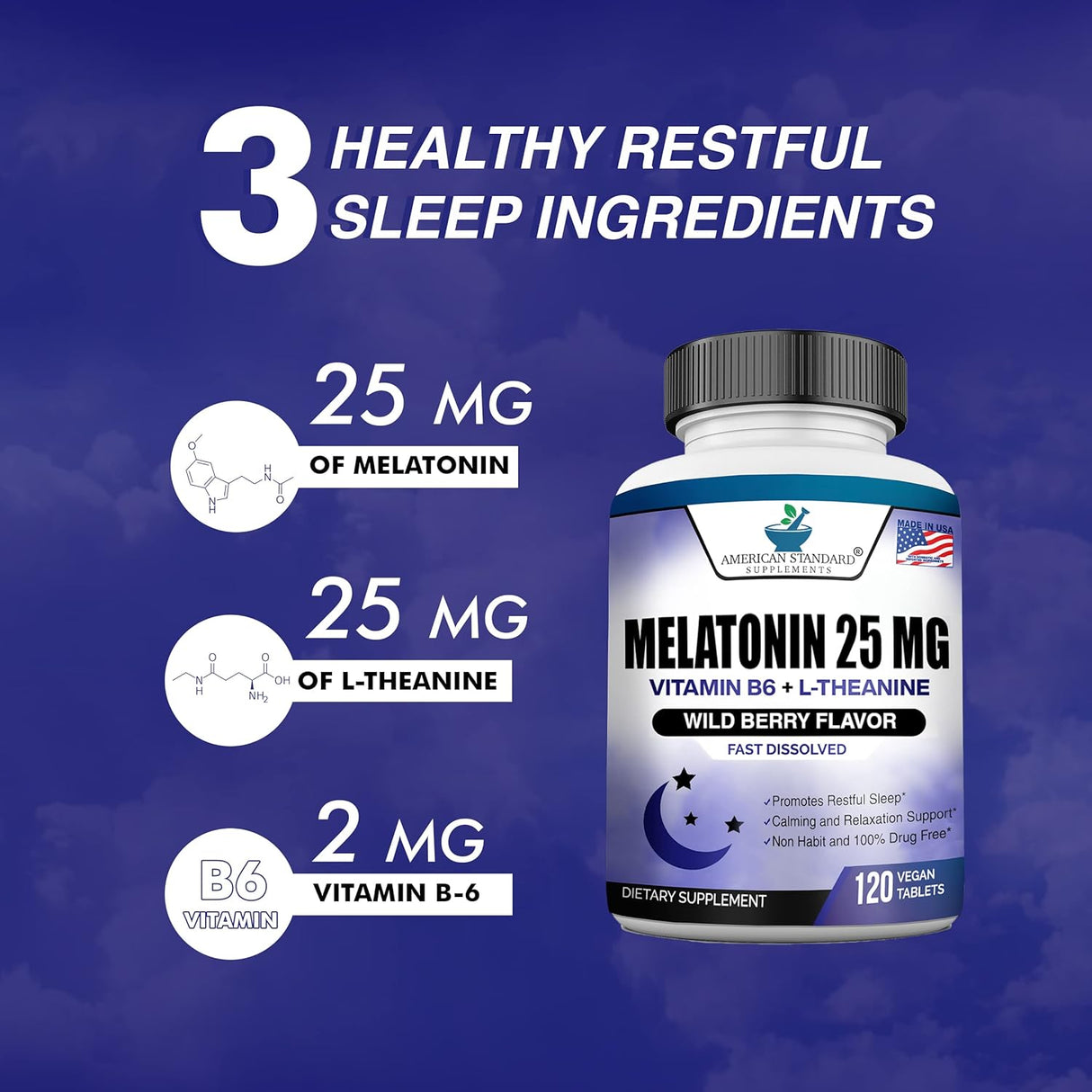 Melatonina 25mg Vegan, 120 Tabletas, L-Theanina, B-6, USA