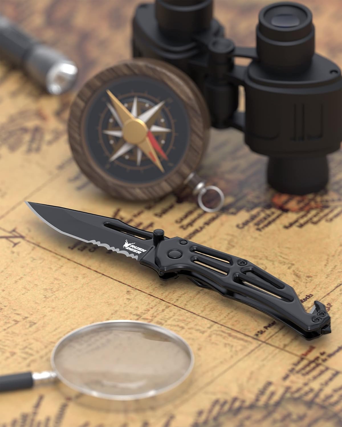 Cuchillo plegable con clip, EDC para senderismo, color negro