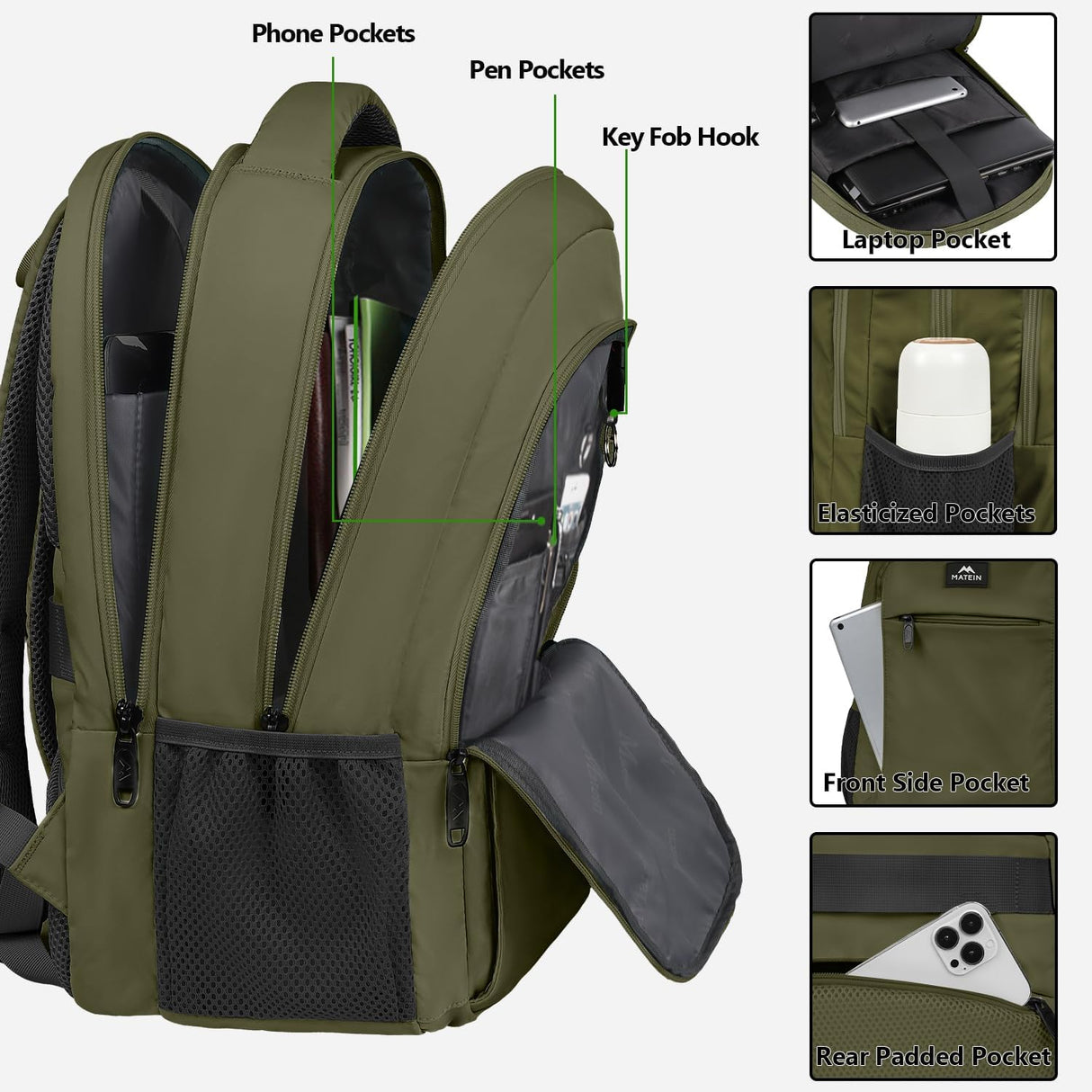Mochila de viaje para laptop de 15.6 pulgadas verde