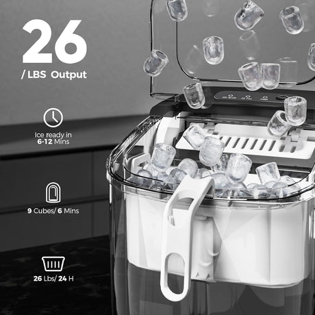 Máquina de Hielo Crzoe, 26Lbs/24H, 9 Cubos en 6 Min, Auto-Limpieza