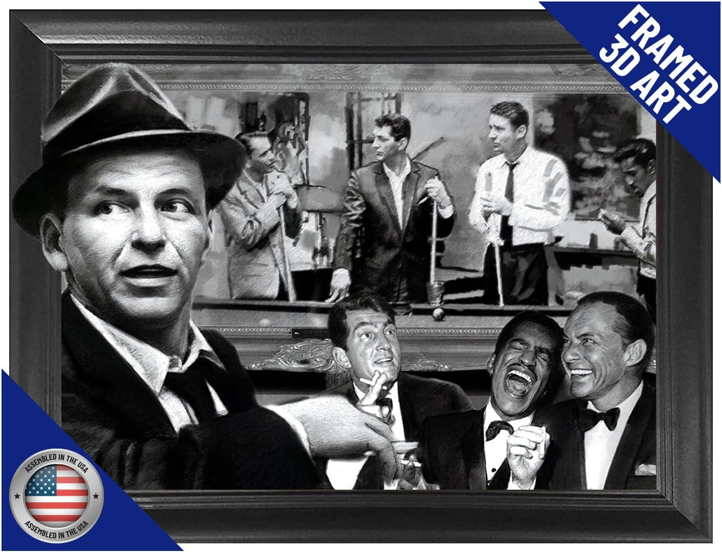 Póster 3D Rat Pack Jugando Billar | Frank Sinatra, Dean Martin, Sammy Davis Jr.