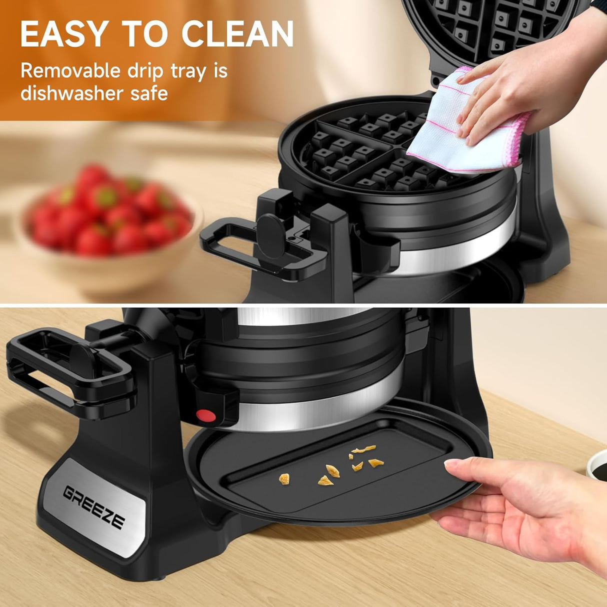 Máquina de Waffles Doble, 180° Rotativa, Placas Antiadherentes