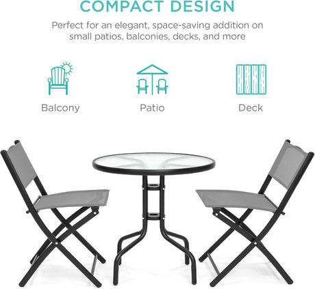 Best Choice Products Juego de muebles de comedor de 3 piezas con mesa de vidrio texturizado, 2 sillas plegables, marco de acero, tela de poliéster, color gris