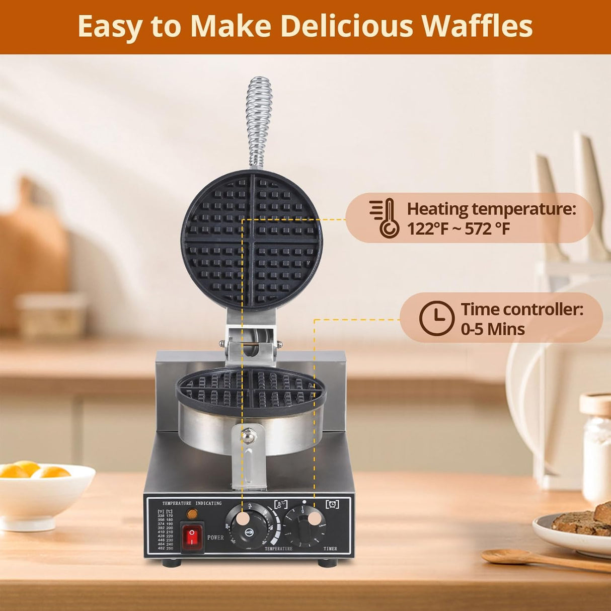 Máquina de Waffles Comercial 110V 1300W Acero Inoxidable