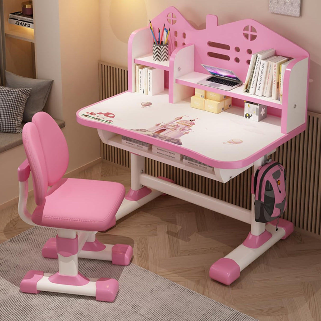 Set Escritorio y Silla Ajustable para Niñas, Ergonómico, con Cajón