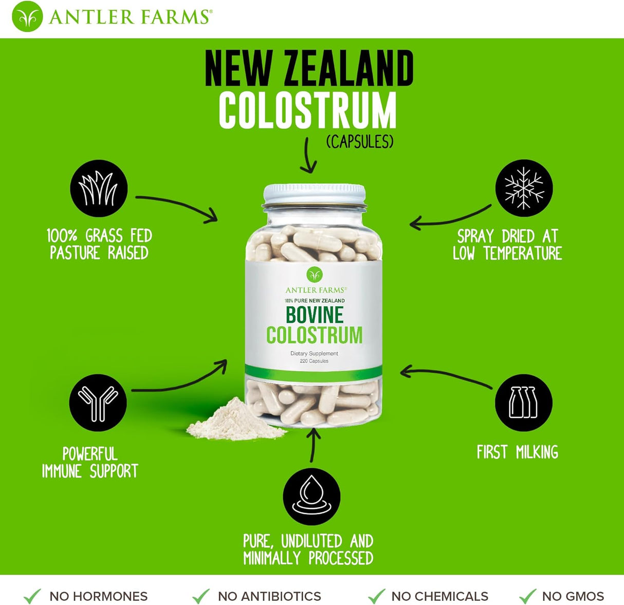 Colostro Bovino 100% Puro Antler Farms, 220 Cápsulas, 500mg