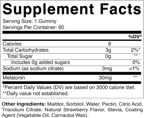 Vitamatic Melatonina sin azúcar, 30 mg por gomita, 60 porciones, 60 gomitas vegetarianas, suplemento que no forma hábito