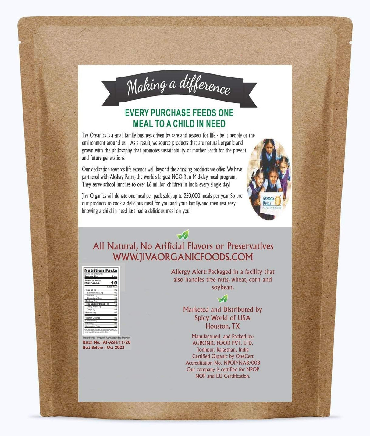 Polvo de raíz de Ashwagandha 1.25 lb Jiva Organics - Puro, No GMO