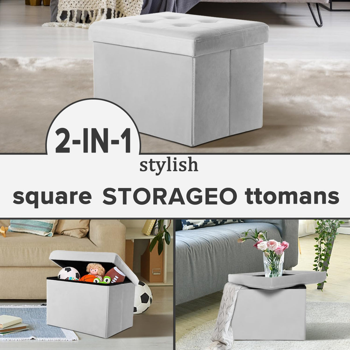 Ottomán de almacenamiento plegable con reposapiés y acolchado