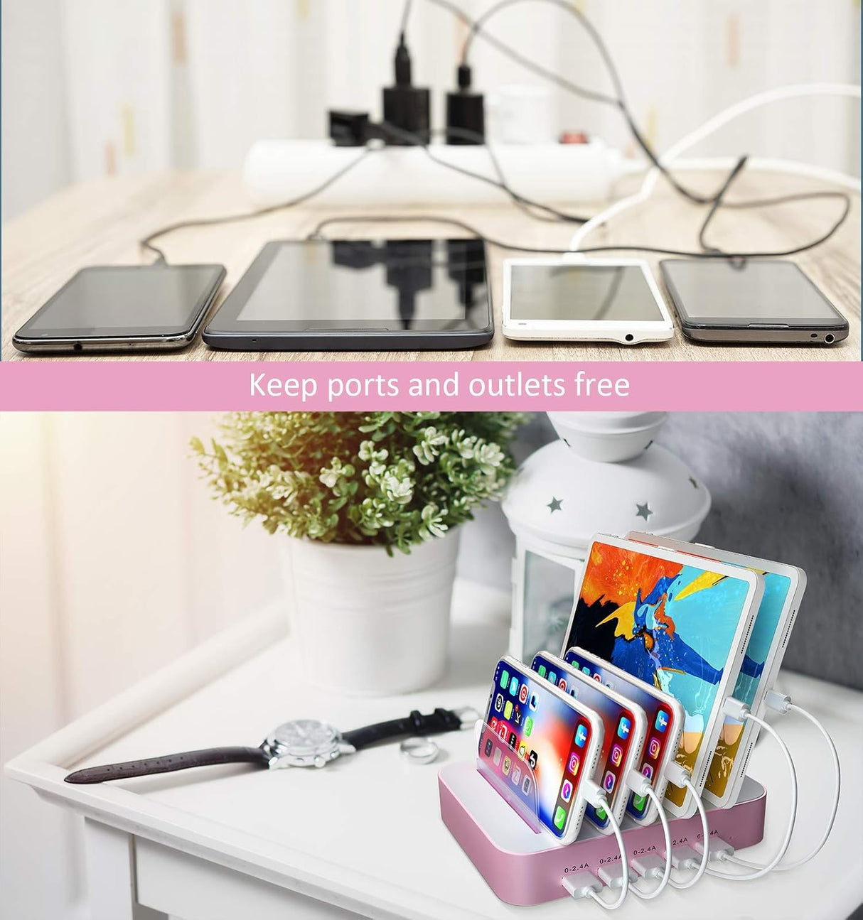 Cargador o Base de estación de carga USB de 5 puertos rosado