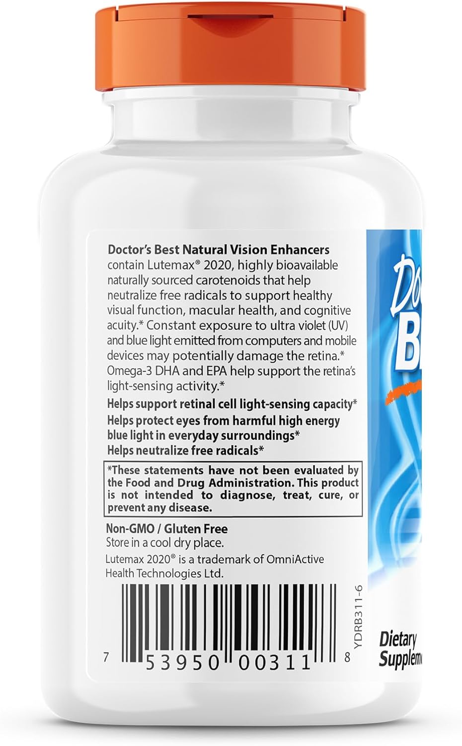 Doctor&#39;s BEST Los potenciadores naturales de la visión contienen Lutemax 2020, apoya la salud ocular, una visión más nítida, ayuda a filtrar la luz azul, 60 cápsulas blandas