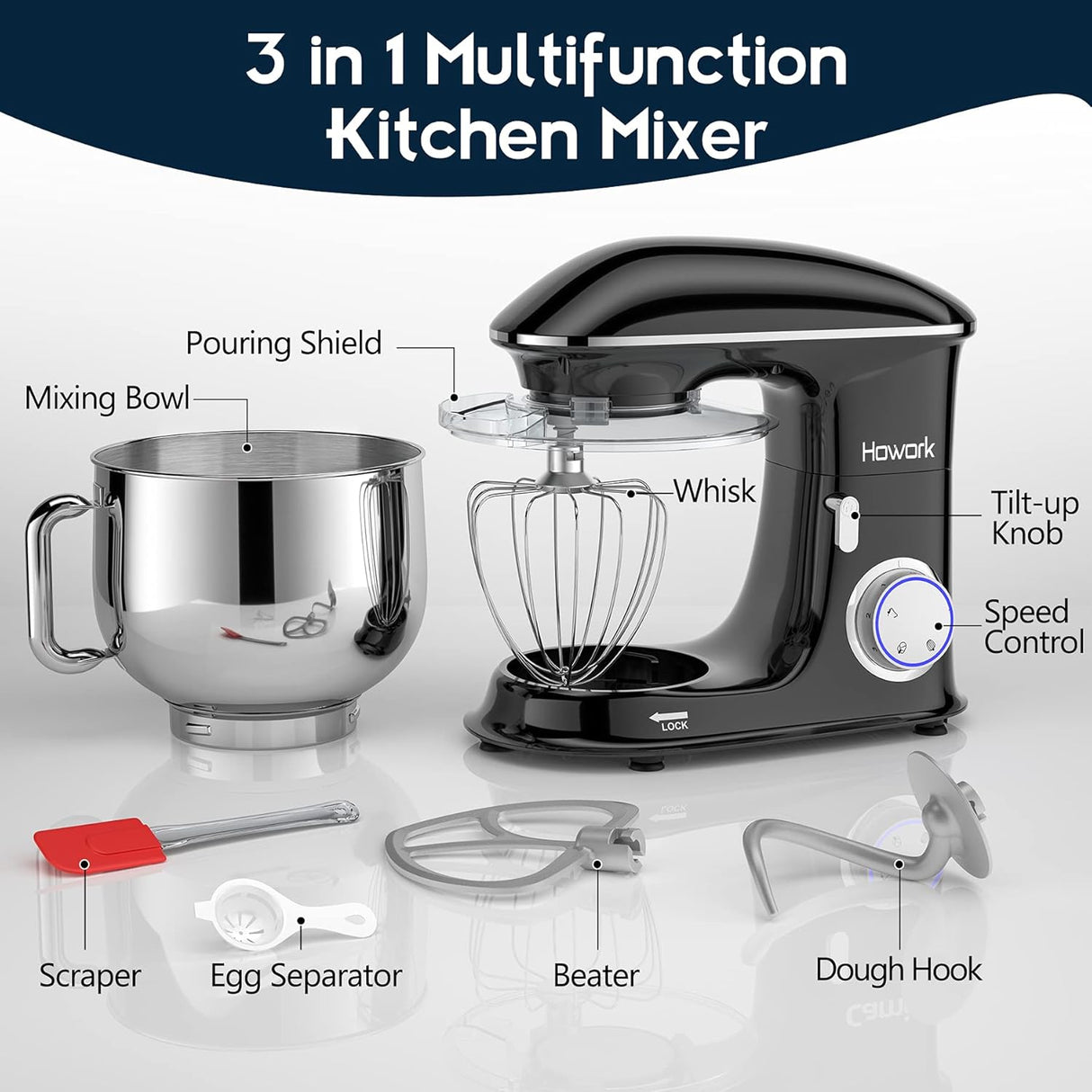 Batidora de Cocina 8.5QT HOWORK 660W 6+P Velocidades Modelo