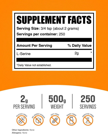 Suplemento de L-Serina en Polvo BulkSupplements, 2g, 500g