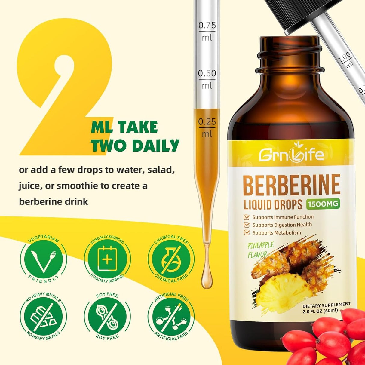 Suplemento de Berberina Orgánica 1500mg con Canela, Melón, 2oz