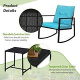 SUNCROWN Juego de 3 piezas de bistró mecedora para exteriores, muebles de mimbre negro, sillas de porche, juegos de conversación con mesa de café de cristal, azul claro