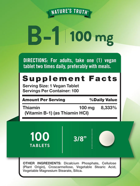 Suplemento de Vitamina B1 100mg Nature's Truth | Vegano, No GMO