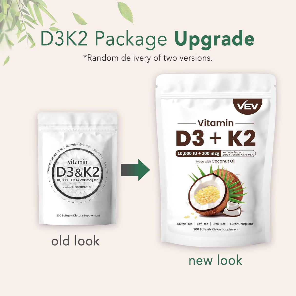 VEV Suplemento Vitamínico D3 K2 10000 IU, 300 Softgels
