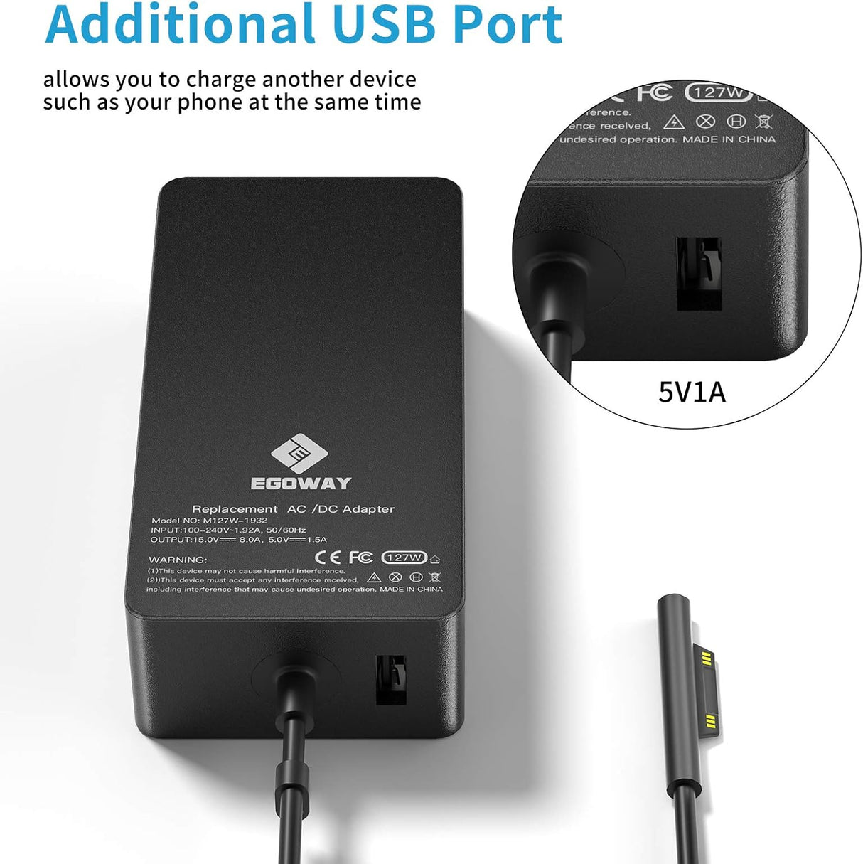 Cargador de CA de 127 W 15 V 8 A compatible con Surface Pro