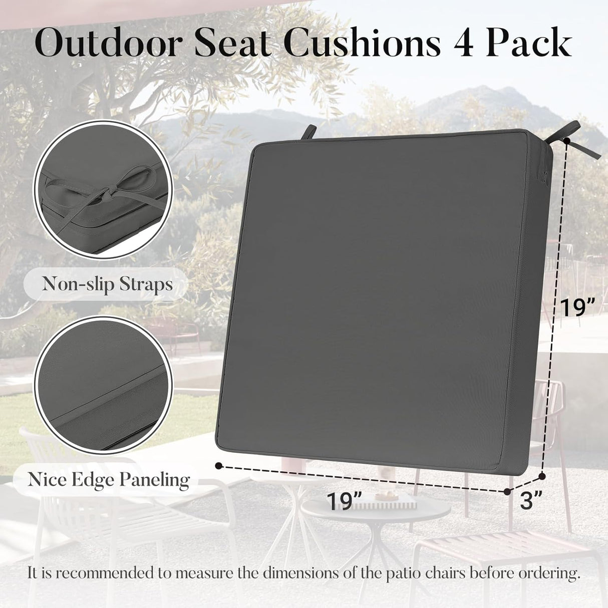 Basic Beyond Cojines para sillas de exterior para muebles de patio, impermeables, juego de 4 cojines de asiento de exterior de 19 x 19 pulgadas, cojines para sillas de patio con lazos y asa, color